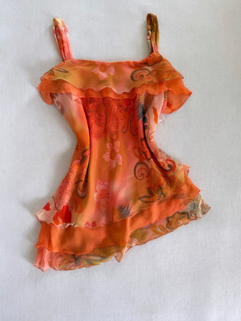 Vintage Y2K 100% Silk Paisley Ruffle Cami Top
Orange Boho Fairy
